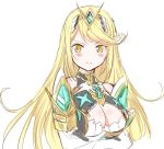  &gt;:( armor arms_under_breasts blonde_hair blush breast_hold breasts commentary_request highres hikari_(xenoblade_2) large_breasts long_hair looking_at_viewer simple_background solo tsundere v-shaped_eyebrows white_background xenoblade_(series) xenoblade_2 yellow_eyes zero-theme 