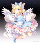  angel_wings bell blonde_hair blue_eyes bow cat commission cutesu_(cutesuu) double_bun dress eyepatch frilled_dress frills hair_bun long_sleeves original short_hair smile tonowa wings 