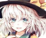  :d bangs black_hat blue_eyes collared_shirt commentary dise eyebrows_visible_through_hair eyelashes face hat highres komeiji_koishi light_blush looking_at_viewer open_mouth shirt short_hair simple_background smile solo touhou wavy_hair white_background white_eyelashes white_hair yellow_shirt 