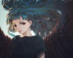  angel_wings backlighting black_hair black_wings brown_eyes eyelashes highres lips long_hair looking_at_viewer original solo sorakuma_(oycue41) upper_body wavy_hair wind wings 