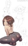  artist_name ass bare_back blush boku_no_hero_academia breasts brown_eyes brown_hair cutesexyrobutts downblouse feet highres looking_at_viewer looking_back panties panties_under_pantyhose pantyhose seiza short_hair signature simple_background sitting sketch small_breasts smile soles solo sticker toes underwear uraraka_ochako white_background 