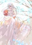  1girl bare_shoulders blue_hair bouquet bridal_veil bride cape carrying closed_eyes dress elbow_gloves eliwood_(fire_emblem) fire_emblem fire_emblem:_rekka_no_ken fire_emblem_heroes flower formal gloves groom hair_ornament highres jewelry long_hair mamkute necklace ninian princess_carry red_eyes red_hair rokusashu rose short_hair sketch smile strapless strapless_dress suit tiara tuxedo veil wedding wedding_dress white_dress white_gloves 