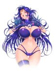  1girl akiranime armor bikini breasts bursting_breasts circlet cleavage curvy earrings forehead_jewel highres huge_breasts lipstick long_hair looking_at_viewer naga_the_serpent navel necklace ojou-sama_pose open_mouth purple_gloves purple_hair revealing_clothes shiny_skin shoulder_pads shoulder_spikes slayers smile solo spikes thong white_background 