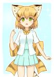  :o adapted_costume animal_ears blonde_hair bow bowtie casual cat_ears cat_tail commentary_request extra_ears eyebrows_visible_through_hair green_eyes hair_between_eyes highres kemono_friends looking_at_viewer outline print_bow sand_cat_(kemono_friends) sand_cat_print shiraha_maru short_hair solo tail white_outline 