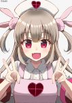 &gt;_&lt; :d apron bangs blush bunny_hair_ornament center_frills collared_shirt commentary_request double_v eyebrows_visible_through_hair fang fingernails frills grey_background hair_between_eyes hair_ornament hat heart highres light_brown_hair long_hair natori_sana nayuhi_(yukimuu14) nurse_cap open_mouth pink_apron puffy_short_sleeves puffy_sleeves red_eyes sana_channel shirt short_sleeves simple_background smile solo two_side_up v very_long_hair virtual_youtuber white_hat white_shirt 