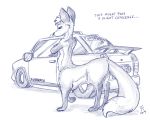  2019 canid canid_taur canine canine_taur car english_text flinters fox fox_taur fur hair half-closed_eyes male mammal nude solo taur text vehicle 