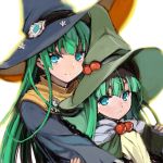  bangs behind_another blue_eyes blunt_bangs child gem green_hair hat hug hug_from_behind jacket long_hair looking_at_viewer masou_shizuka multiple_girls rance_(series) smile witch_hat 