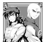  back-to-back bald black_hair dougi dragon_ball dragon_ball_super extra_eyes facial_scar greyscale long_hair looking_at_viewer male_focus mizu_(sapphire0021) monochrome multiple_boys scar scar_on_cheek smile tenshinhan upper_body yamcha 