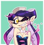  +_+ 1girl aori_(splatoon) bare_shoulders blush border breast_squeeze breasts cleavage collarbone detached_collar domino_mask earrings eyebrows_visible_through_hair female green_background highres liquid medium_breasts nauth one_eye_closed outline pointy_ears purple_hair shiny shiny_hair shiny_skin simple_background smile solo splatoon splatoon_1 splatter strapless teeth tentacle tentacle_hair tied_hair twintails upper_body white_border white_outline yellow_eyes 