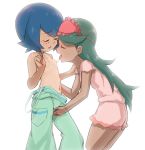  areolae bangs bent_over blue_hair breasts closed_eyes cowboy_shot cropped_legs dark_skin drooling eyebrows eyebrows_visible_through_hair facing_another fingering from_side furrowed_eyebrows green_hair hair_down leaning_forward long_hair mao_(pokemon) midriff multiple_girls navel nipples nyonn24 one-piece_tan pajamas pink_shirt pink_shorts pokemon pokemon_(anime) pokemon_sm_(anime) saliva saliva_trail shirt short_hair short_sleeves shorts simple_background sleep_mask small_breasts standing stomach suiren_(pokemon) tan tanline tongue tongue_out white_background yuri 