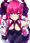  asymmetrical_horns blue_eyes blush breasts commentary_request curled_horns dragon_girl dragon_horns dress elizabeth_bathory_(fate) elizabeth_bathory_(fate)_(all) embarrassed fate/grand_order fate_(series) highres horns looking_at_viewer nipples pink_hair pointy_ears pulled_by_self raxxx25_3 small_breasts solo strap_pull sweat two_side_up wavy_mouth 