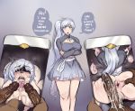  ass ass_grab bdsm blindfold blue_dress blue_eyes bondage breasts cleavage condom cum cum_in_mouth cum_on_ass cum_on_body cum_on_hair cum_on_lower_body cum_on_upper_body dark-skinned_male dress hair_ornament interracial jlullaby open_mouth ponytail recording rwby saliva sex skirt speech_bubble tied_hair weiss_schnee white_hair 