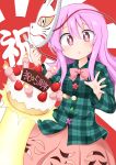  blush bow bowtie cake candle circle commentary_request cowboy_shot eyebrows_visible_through_hair fire food fork fox_mask fruit green_shirt hair_between_eyes hands_up hata_no_kokoro highres holding holding_fork long_hair long_sleeves looking_at_viewer mask mask_on_head parted_lips pink_bow pink_eyes pink_hair pink_neckwear pink_skirt plaid plaid_shirt red_background shirt sidelocks skirt solo standing star strawberry sunburst suwa_yasai touhou translation_request triangle white_background wing_collar x 