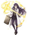  bag braid breasts contemporary contrapposto dorothy_(sinoalice) energy_weapon expressionless full_body glasses ji_no labcoat large_breasts looking_at_viewer messy_hair official_art pantyhose purple_eyes purple_hair sinoalice skirt solo standing test_tube transparent_background 
