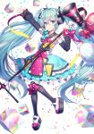  artist_name black_legwear blue_eyes blue_hair blush bow breasts closed_mouth confetti cube eyebrows_visible_through_hair full_body hatsune_miku long_hair looking_at_viewer loudspeaker magical_mirai_(vocaloid) medium_breasts pink_bow roang smile solo thighhighs twintails very_long_hair vocaloid white_background 