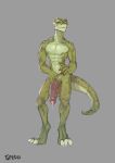  abs anthro athletic balls big_balls big_penis claws foreskin green_scales grey_background holding_penis horn humanoid_penis leaking lizard long_neck long_penis looking_at_viewer male nipples nude pecs penis precum reptile scales scalie simple_background smile solo spedumon spots standing uncut vein veiny_penis 