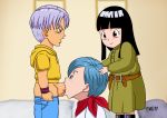  1boy 2girls bulma dragon_ball dragon_ball_super fellatio mai_(dragon_ball) multiple_girls padm penis trunks_(dragon_ball) 