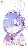  anger_vein artist_name bangs bare_shoulders black_ribbon blue_eyes blue_hair blunt_bangs blush breasts cleavage clenched_hands commentary_request dated dyxm frilled_sleeves frills hair_ornament hair_ribbon head_wreath highres open_mouth purple_ribbon re:zero_kara_hajimeru_isekai_seikatsu rem_(re:zero) ribbon simple_background solo speech_bubble spoken_anger_vein white_background x_hair_ornament 