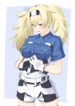  belt blonde_hair blue_eyes blush breasts commentary cowboy_shot gambier_bay_(kantai_collection) gloves hair_between_eyes hairband hands_together headgear highres kantai_collection large_breasts long_hair looking_at_viewer niwatazumi open_mouth short_sleeves shorts solo twintails 