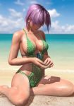  1girl 3d ayane_(doa) beach breasts cleavage dead_or_alive female legs looking_down ocean outdoors purple_hair radianteld red_eyes sand short_hair sitting sky solo sweat swimsuit thighs xps 