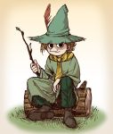  brown_hair gradient gradient_background hat hat_feather highres log male_focus moomin sitting snufkin solo stick suzushiro_(suzushiro333) tunic witch_hat 