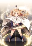  american_flag_legwear azur_lane blonde_hair capelet cleveland_(azur_lane) crossed_arms eyebrows_visible_through_hair eyes_visible_through_hair grin highres long_hair looking_at_viewer machinery one_side_up pleated_skirt red_eyes rigging skirt smile socks solo turret yasume_yukito 