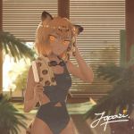  1girl alternate_costume animal_ears backlighting bare_shoulders blonde_hair dripping fern food goggles jaguar_(kemono_friends) jaguar_ears jaguar_print jaguar_tail kemono_friends looking_at_viewer multicolored_hair navel_cutout one-piece_swimsuit popsicle sepia short_hair signature solo standing swimsuit tail towel wet 