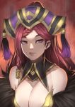 bare_shoulders braid breasts cleavage commentary detached_collar detached_sleeves dog_hate_burger dress earrings feather_trim fire_emblem fire_emblem_heroes hair_ornament hair_tubes hat headdress highres jewelry large_breasts lips lipstick loki_(fire_emblem_heroes) long_hair looking_to_the_side makeup pink_lips purple_eyes purple_hair simple_background upper_body 