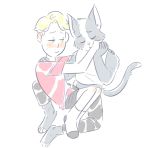  2018 anthro avocato blush cat clothing duo feline final_space fur gary_(final_space) holding_(disambiguation) human interspecies jadeyarts kissing male male/male mammal 