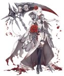  blood bloody_clothes blue_eyes boots breasts covered_navel crossed_legs flower full_body garter_straps gloves hair_flower hair_ornament high_collar holding holding_weapon ji_no knee_boots official_art rose scythe silver_trim sinoalice small_breasts snow_white_(sinoalice) solo transparent_background veil watson_cross weapon white_hair 