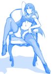  akiba's_trip akiba's_trip_2 angry blue blush bra breasts chair cleavage haruhisky high_heels highres kasugai_shion lingerie long_hair looking_at_viewer monochrome navel panties pants shadow sketch smile solo spread_legs thighhighs underwear 