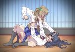  bleeding blonde_hair blood bloody_clothes blue_hair brown_eyes bruise catfight clenched_teeth commentary fighting hair_pull highres injury long_hair love_live! love_live!_school_idol_project minami_kotori multiple_girls no_shoes nosebleed otonokizaka_school_uniform rooftop school_uniform sonoda_umi straddling suzushiro_(suzushiro333) tears teeth violence 