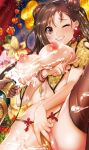  alcohol blush bracelet braid breasts brown_eyes brown_hair cameltoe champagne champagne_bottle curtains double_bun earrings fingernails flower jewelry navel nipples ogino_atsuki one_eye_closed original smile spread_legs thighhighs v 