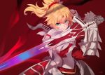  1girl armor armored_dress artoria_pendragon_(all) artoria_pendragon_(lancer) blonde_hair braid clarent commentary_request cowboy_shot fate/grand_order fate_(series) faulds french_braid gauntlets green_eyes hair_ornament hair_scrunchie holding holding_weapon mordred_(fate) mordred_(fate)_(all) ponytail red_background red_scrunchie scrunchie smile solo weapon yang-do 