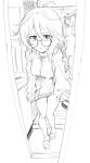  araki_hina bare_legs bottomless commentary_request doorway full_body glasses greyscale idolmaster idolmaster_cinderella_girls jacket kotoyama long_hair looking_at_viewer messy_hair monochrome opening_door parted_lips round_eyewear sketch sleeves_past_wrists slippers solo sweatdrop 