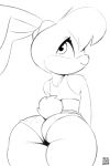  2018 anthro bangs big_butt butt clothed clothing digital_media_(artwork) eyelashes female floppy_ears hair huge_butt lagomorph lola_bunny looking_back looney_tunes mammal rabbit rear_view signature simple_background smile solo thick_thighs warner_brothers white_background wide_hips xylas 