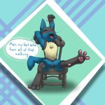  2018 3_toes animal_genitalia animal_pussy anthro canine canine_pussy darkwufflez dialogue digital_media_(artwork) english_text eyes_closed feet female foot_focus hands_behind_head hi_res lucario mammal nintendo nude open_mouth pok&eacute;mon pok&eacute;mon_(species) presenting pussy sitting solo speech_bubble stretching text toes tongue tongue_out video_games yawn 