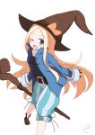  ;d abigail_williams_(fate/grand_order) alternate_costume bangs belt belt_buckle black_belt black_shirt blonde_hair bloomers blue_jacket blush boots bow brown_footwear brown_gloves brown_hat buckle collarbone commentary_request eyebrows_visible_through_hair fate/grand_order fate_(series) forehead gloves hat hat_bow highres holding holding_staff jacket jewelry kujou_karasuma long_hair long_sleeves necklace one_eye_closed open_mouth orange_bow parted_bangs pigeon-toed shirt signature simple_background sleeves_past_wrists smile solo staff standing striped underwear vertical_stripes very_long_hair white_background wide_sleeves witch_hat 