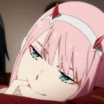  darling_in_the_franxx finger green_eyes grin hair_accessory horns long_hair pink_hair smug zero_two_(darling_in_the_franxx) 