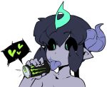  &lt;3 animate_inanimate beverage black_hair black_sclera blue_tongue can demon dialogue docu_(doppel) doppel energy_drink female front_view hair horn humanoid licking monster_boy monster_energy motion_lines not_furry pictographics pointy_ears ponytail simple_background solo speech_bubble teal_eyes tongue tongue_out white_background 