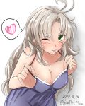  :q ahoge babydoll babydoll_tug bangs blush breasts casual commentary_request dated eyebrows_visible_through_hair giraffe_(ilconte) green_eyes grey_hair hair_between_eyes heart highres kantai_collection kinugasa_(kantai_collection) large_breasts long_hair looking_at_viewer one_eye_closed sidelocks simple_background smile solo tongue tongue_out twitter_username white_background 