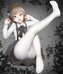  1girl black_skirt brown_eyes eyebrows_visible_through_hair fangs female ginhaha grey_hair hat hatoba_tsugu hatoba_tsugu_(character) long_sleeves looking_at_viewer lying on_back open_mouth pantyhose shirt skirt solo suspenders white_legwear white_shirt white_sleeves 