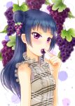  bad_id bad_pixiv_id bangs blue_hair blush commentary_request eating finger_to_mouth food food_on_head fruit fruit_on_head grapes hair_bun hiro9779 long_hair love_live! love_live!_sunshine!! object_on_head purple_eyes side_bun sleeveless solo tsushima_yoshiko upper_body white_background 