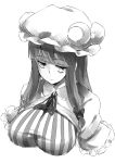  bow breasts capelet crescent crescent_hair_ornament deetamu dress frills greyscale hair_bow hair_ornament hat hat_ribbon highres large_breasts long_hair looking_away mob_cap monochrome pajamas patchouli_knowledge ribbon solo striped striped_dress touhou upper_body very_long_hair white_background 