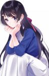  black_hair blue_eyes blue_shirt blush bow braid hair_bow hair_ornament hairclip hands_on_own_cheeks hands_on_own_face head_rest long_hair looking_at_viewer misumi_(macaroni) nijisanji red_bow shirt simple_background sitting skirt smile solo tsukino_mito virtual_youtuber white_background white_skirt 