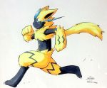  2017 ambiguous_gender anthro blue_eyes claws fur jinya nintendo pok&eacute;mon pok&eacute;mon_(species) running signature simple_background traditional_media_(artwork) tuft video_games whiskers white_background zeraora あかばね_じん 