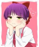  :i agung_syaeful_anwar arm_support bangs blush closed_mouth commentary dress eyebrows_visible_through_hair gegege_no_kitarou green_eyes hands_on_own_cheeks hands_on_own_face long_sleeves looking_at_viewer nekomusume nekomusume_(gegege_no_kitarou_6) pout purple_hair red_dress shirt sleeveless sleeveless_dress solo v-shaped_eyebrows white_shirt 
