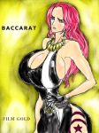  1girl baccarat_(one_piece) black_gloves breasts cleavage cleavage_cutout dress full_body gloves hand_on_hip high_heels huge_breasts large_breasts long_hair one_piece red_hair sleeveless sleeveless_dress 