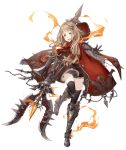  :d armored_boots blonde_hair boots chain eyes_visible_through_hair full_body gauntlets hair_ornament hairclip hood hood_down ji_no little_red_riding_hood_(sinoalice) official_art open_mouth orange_eyes polearm ribbon sinoalice smile solo standing standing_on_one_leg thighhighs transparent_background trident v-shaped_eyebrows weapon 