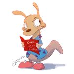  2017 anthro book bottomless brown_nose clothed clothing footwear fur grainy hi_res holding_book holding_object looking_aside mammal marsupial nickelodeon pointedfox rocko rocko&#039;s_modern_life shoes signature simple_background solo standing tan_fur wallaby white_background 